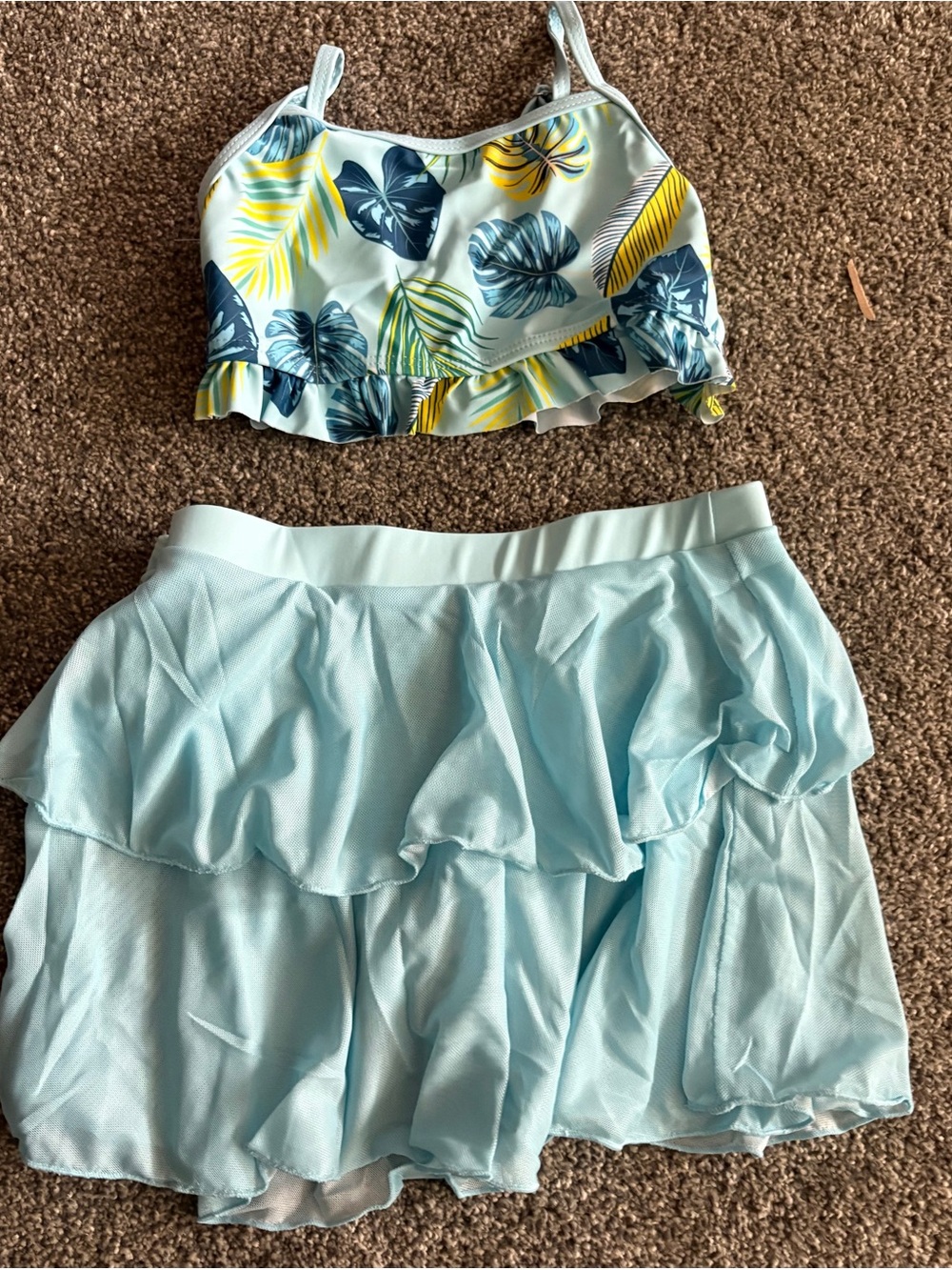 Tropical Leaf Ruffle Two-Piece Swim Set - Blue & Yellow - Picture 2 of 3